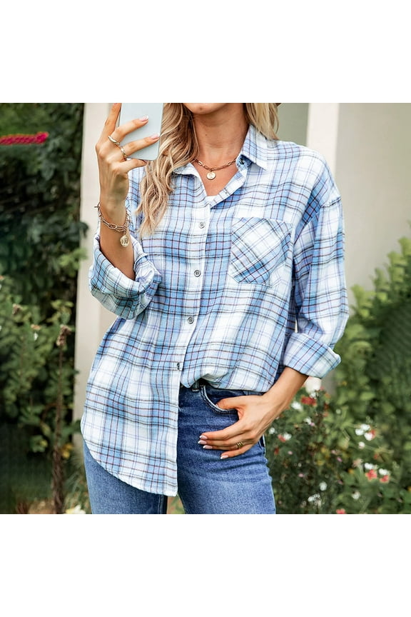 Womens Shacket Jacket Plaid Button Down Shirts Casual Stylish Shirt with Pocket Light Blue S