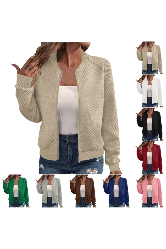 Womens Solid Bomber Jackets Lightweight Zip Up Jacket Trendy Causal Cropped Outerwear Jackets with Pocket Khaki M