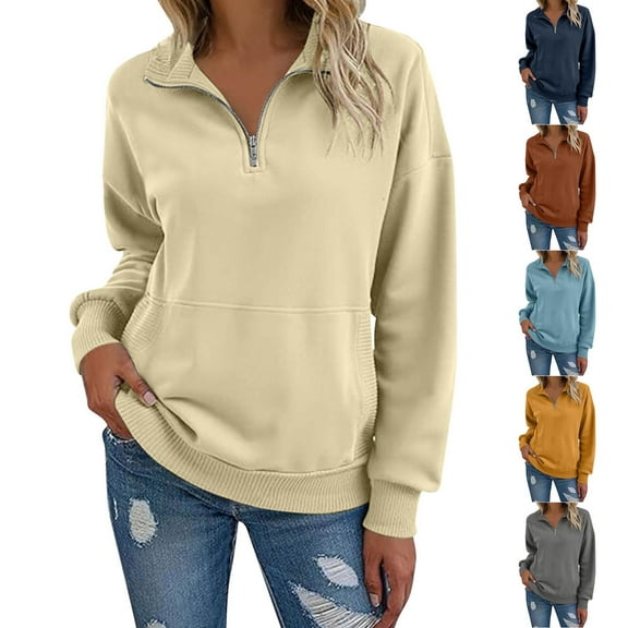 YOIAVAIOY Womens Solid Polo Sweatshirt Long Sleeve Quarter Zip Sweatshirt Winter Fleece Casual Pullover Tops with Kangaroo Pocket Navy L