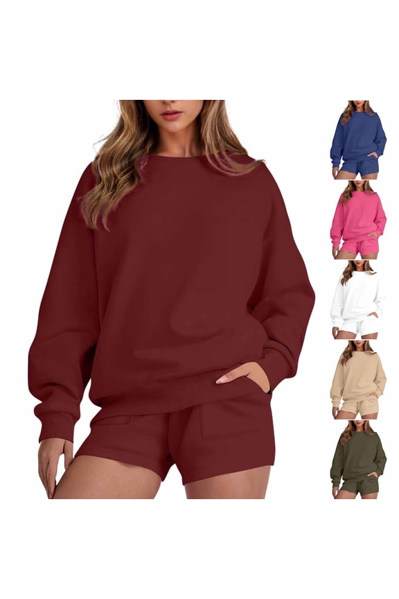 Womens Solid Sweatsuit Fleece Crewneck Sweatshirt and Sweat Shorts Sets 2 Piece Comfy Soft Tracksuit Casual Set Beige M