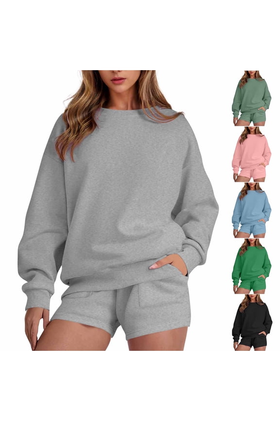 Womens Solid Sweatsuit Fleece Crewneck Sweatshirt and Sweat Shorts Sets 2 Piece Comfy Soft Tracksuit Casual Set Gray M