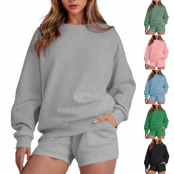 YOIAVAIOY Womens Solid Sweatsuit Fleece Crewneck Sweatshirt and Sweat Shorts Sets 2 Piece Comfy Soft Tracksuit Casual Set Light Blue M