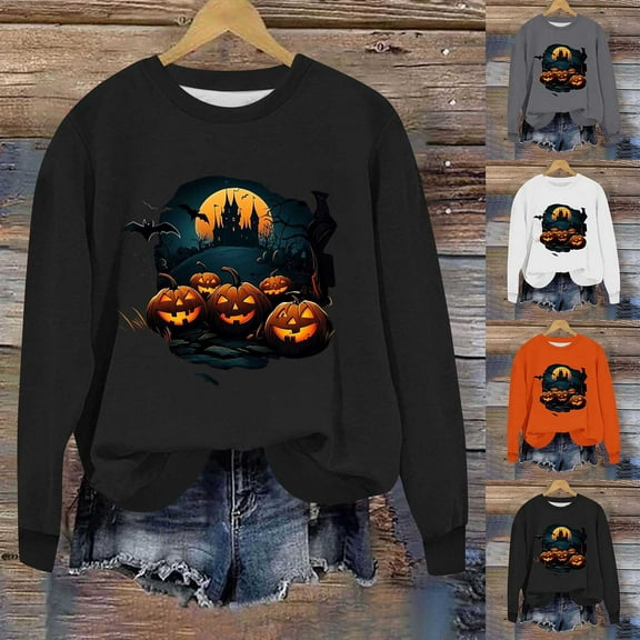 YOIAVAIOY Womens Spooky Season Sweatshirts Halloween Pumpkin Skull Pattern Sweatshirt Long Sleeve Crewneck Pullover Novelty Casual Blouse Tees Fall Holiday Tops Gray L