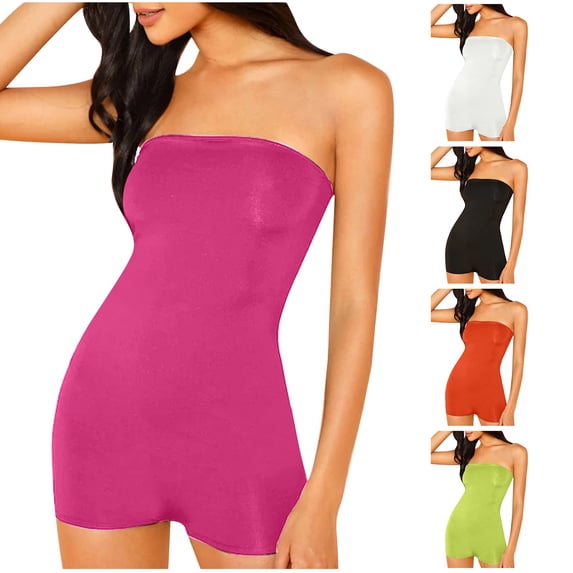 YOIAVAIOY Womens Strapless Tube Jumpsuit Solid Color Bodycon Short Romper Catsuit Sleeveless Basic One Piece Club Outfits Green S