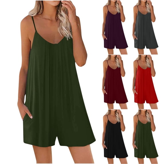 YOIAVAIOY Womens Summer Casual Sleeveless Romper Loose Adjustable Spaghetti Strap Shorts Jumpsuits with Pockets Outfits Clothes Wine M