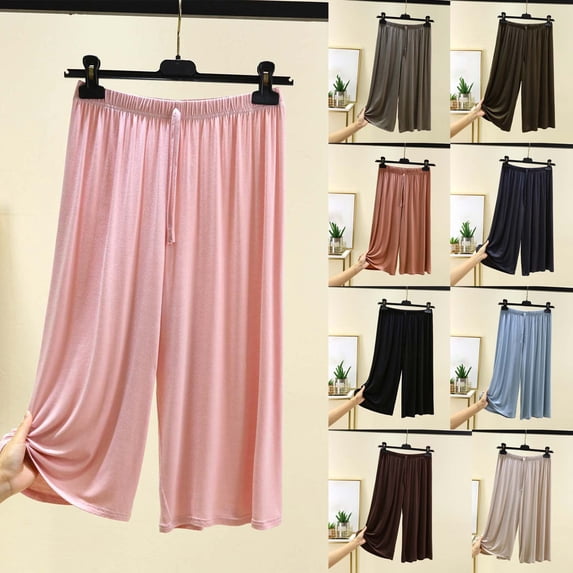YOIAVAIOY Womens Summer Soft Lounge Capris Loose Fit Flowy Pajama Pants Lighweight Comfy Knee Length Sleep Trousers Coffee M