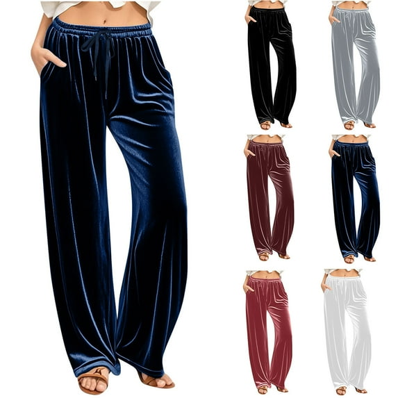 YOIAVAIOY Womens Velvet Wide Leg Pants Loose Fit Long Casual Pants High Waist Comfy Sweatpants with Pockets BlackM
