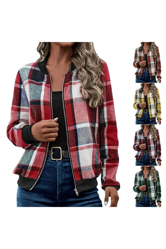 Womens Zip Up Motorcycle Jackets Plaid Bomber Jacket Lightweight Fall Fashion Coats with Pocket Red M