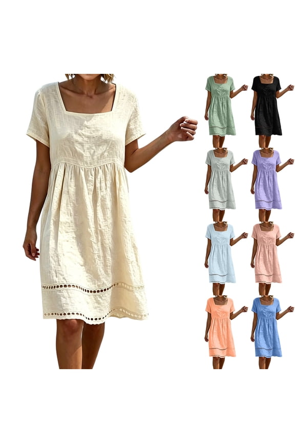 XXL Women's Linen Blend Square Neck Midi Dress Short Sleeve Casual Empire Waist Dress with Eyelet Hem, Loose Flowy Summer Dress for Beach Purple