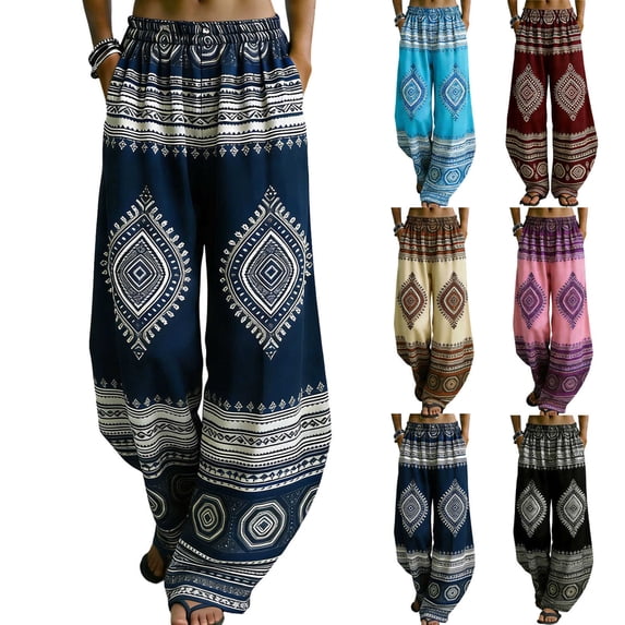 YOIAVIAOY Women Print Harem Pants Elastic Waist Loose Fit Pant Casual Summer Vacation Lightweight Comfy Trousers Blue S