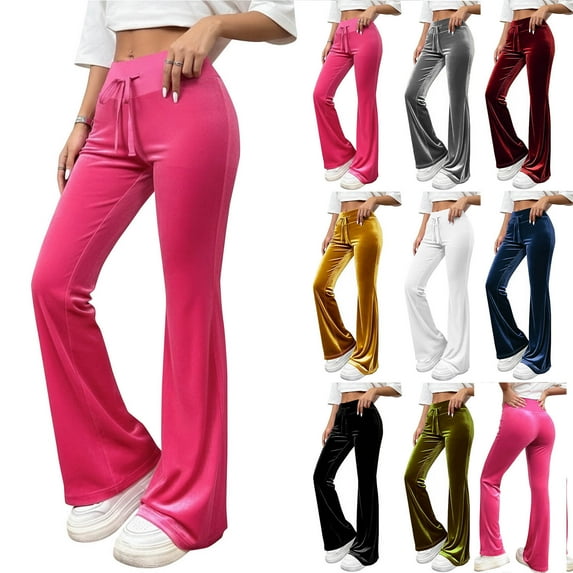 YOIAVIAOY Women's Lightweight Velvet Pants Drawstring Waist Bell Bottoms Y2k Vintage Flare Leg Pants Lounge Bootcut Pant Pink XL