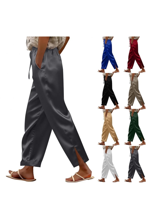 YOIAVIAOY Women's Silky Pants Side Slit Harem Trousers Casual Dressy Office Party Yoga Pants with Pockets White L