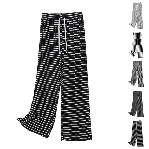 YOIAVIAOY Women's Striped Print Pants Wide Leg Plus Size High Waisted Casual Bottoms Drawstring Loose Fitted Comfy Palazzo Pants Black M