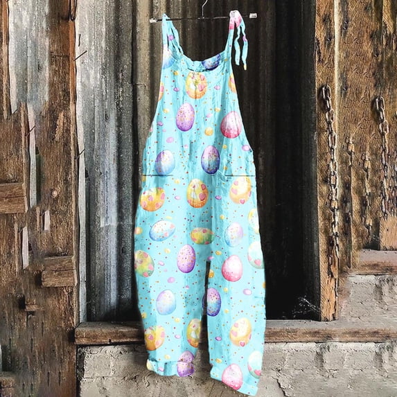 YOIAVIAOY Womens Easter Print Overalls Adjustable Straps Sleeveless Jumpsuit Casual One Piece Outfit with Pockets 2026 Multicolor S