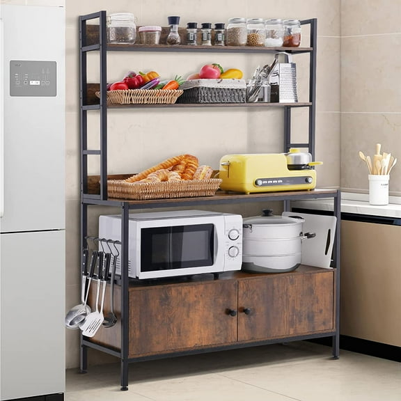 YOJFOTOOU. 5-Tier Kitchen Baker’s Rack with Storage,Large Bakers Rack with Cabinet, Heavy Duty Oven Stand Microwave Rack,Free Standing Kitchen Utility Shelf with Storage,Spice Rack with Hooks