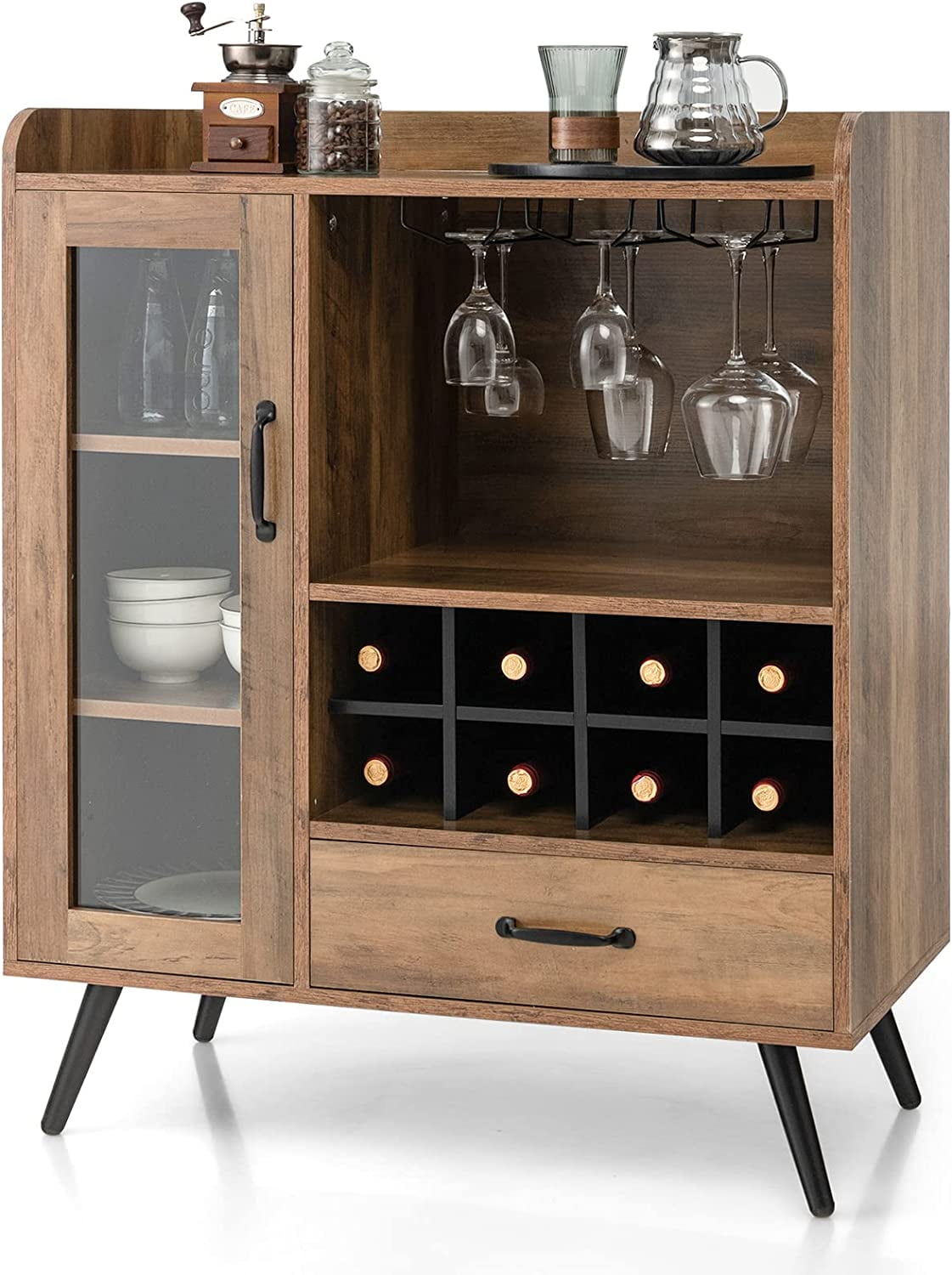 Rustic Brown Wood Bar Cabinet with Wine Rack and Glass Holder