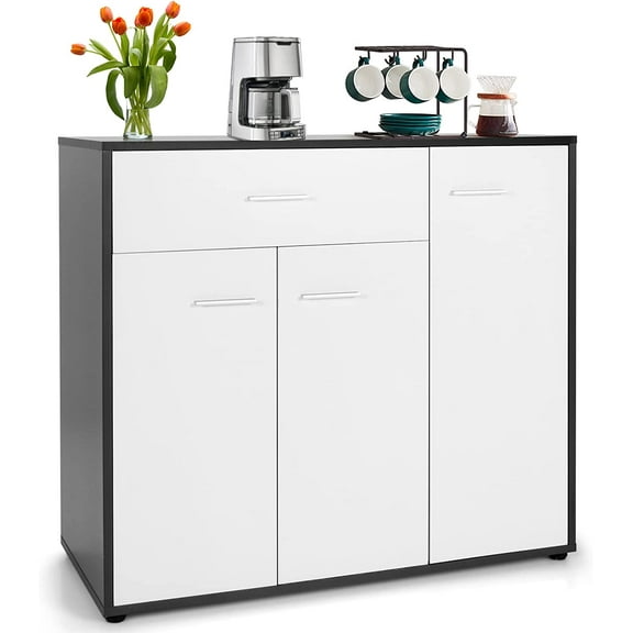 YOJFOTOOU. Buffet Sideboard Storage Cabinet, White Kitchen Sideboard with Spacious Table Top, 2 Door Cabinets, Large Drawer, Adjustable Shelf, AntiToppling Device, Console Cupboard for Home LivingRoom