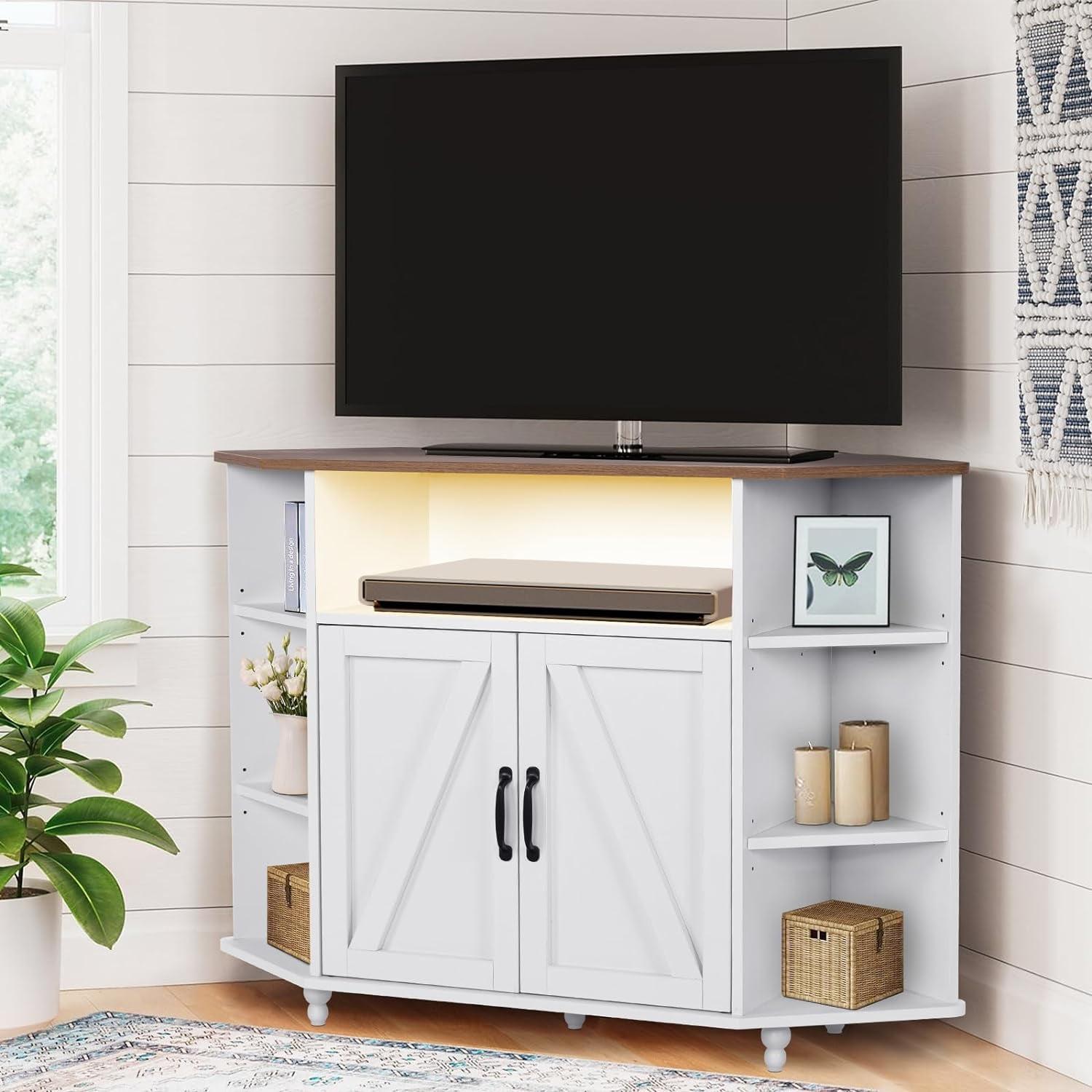 YOJFOTOOU. Corner TV Stand for 50 Inch TV, 45” Farmhouse Corner TV with LED Light