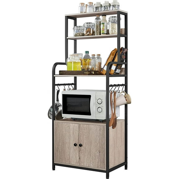 YOJFOTOOU. Kitchen Baker's Rack with Storage Shelves, 4-Tier Microwave Stand with 8 Hooks and Cabinet, 59'' Height Kitchen Shelves for Spices Pots and Pans, Utility Coffee Station with Storage Shelves