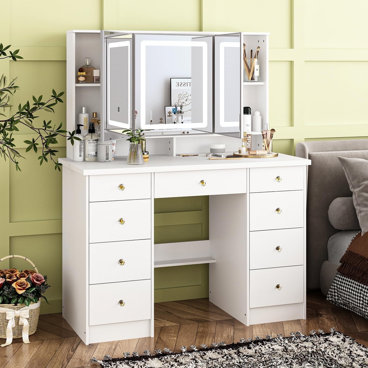 YOJFOTOOU. Makeup Vanity Desk with Lights in 3 Colors, Vanity Table with 3 Mirrors, Lots Storage