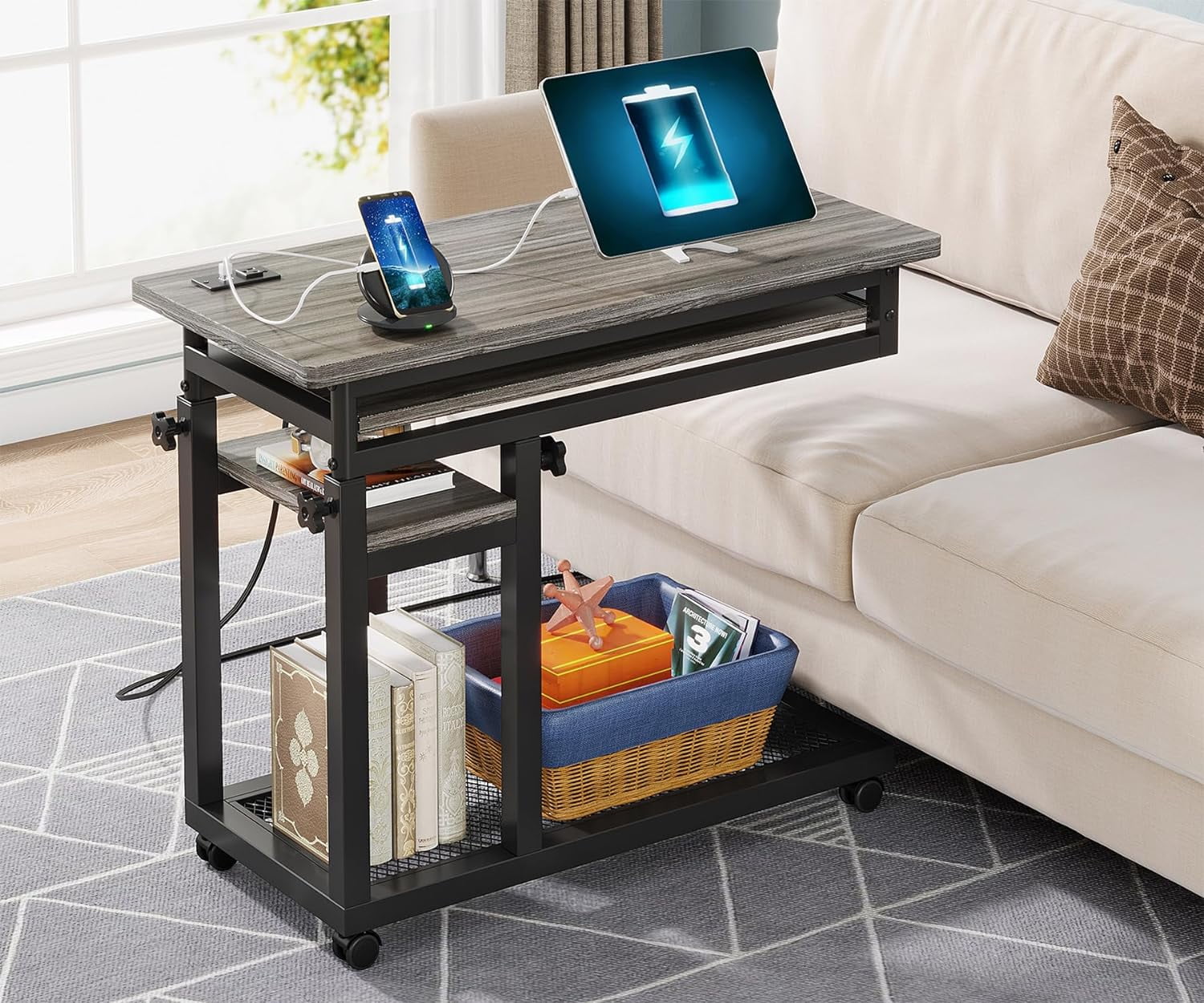 YOJFOTOOU Small Portable Desk with Power Outlet, Height Adjustable Sofa Couch Bedside Laptop
