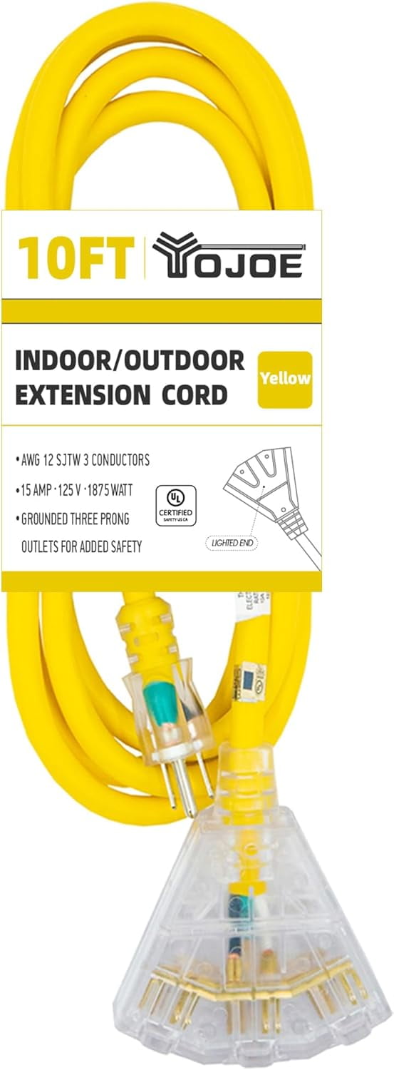 YOJOE 10 Foot Yellow Extension Cord,Lighted Outdoor 12/3 Cord with 3