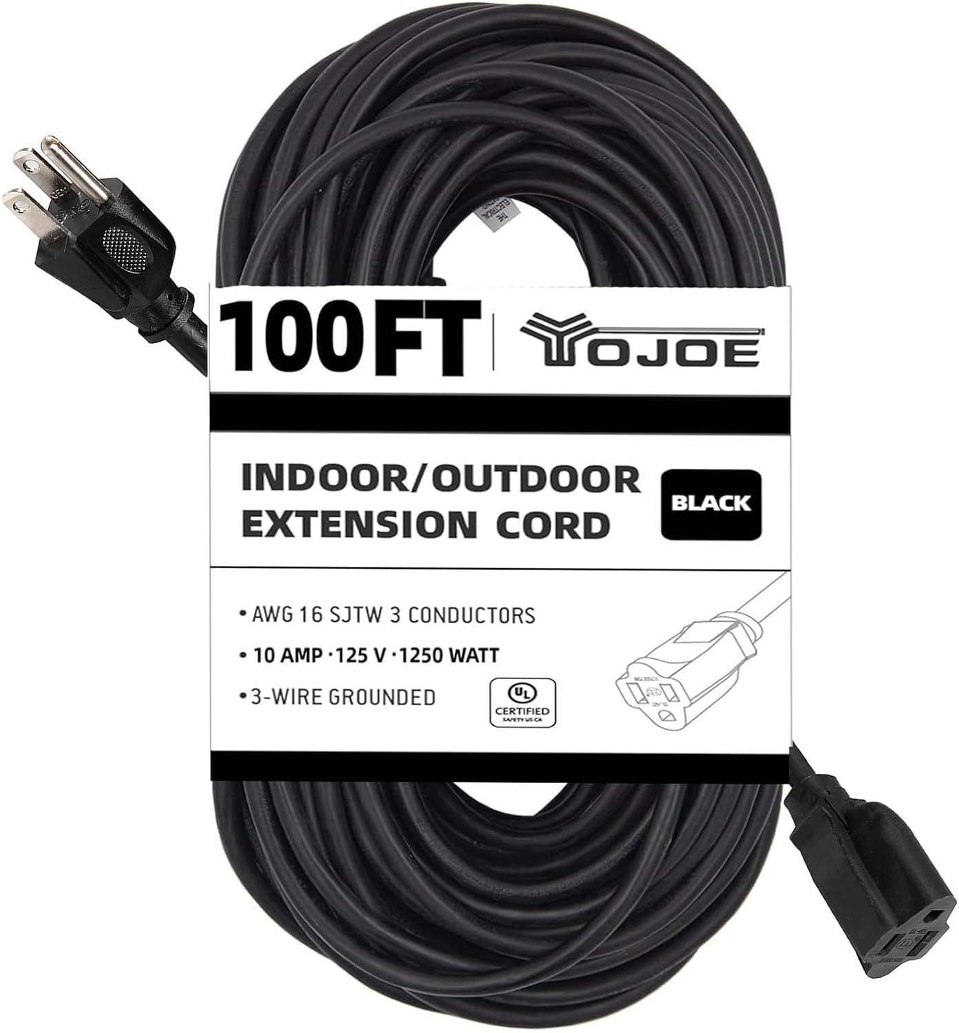 YOJOE 100 Foot Black Outdoor Extension Cord 16/3 SJTW Waterproof