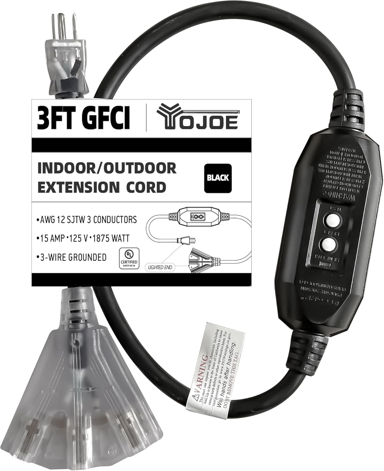 YOJOE 3 Foot GFCI Black Extension Cord,Lighted Outdoor 12/3 Cord with 3