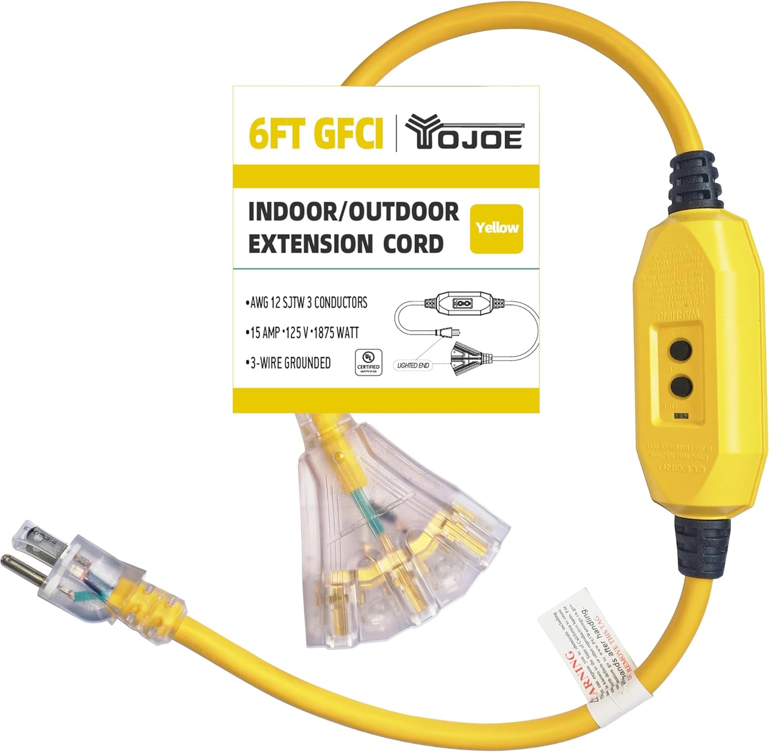 YOJOE 6 Foot GFCI Yellow Extension Cord,Lighted Outdoor 12/3 Cord with