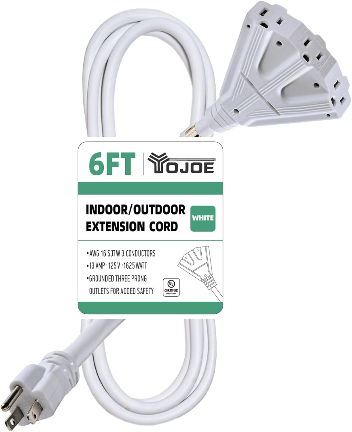 YOJOE White 6 ft Outdoor Extension Cord Multiple Outlets 3 Prong 16/3
