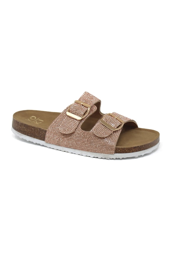 Womens Rhinestone Double Buckle Sandals Comfortable Cork Footbed Summer Slide Sandals