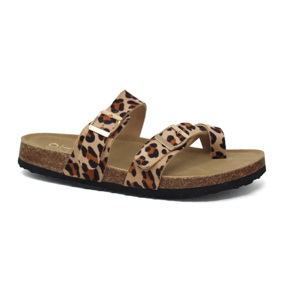 Women’s Cork Footbed Sandals – Double Buckle Slip-On with Toe Loop, Comfortable Summer Slide Sandals for Walking & Casual Wear