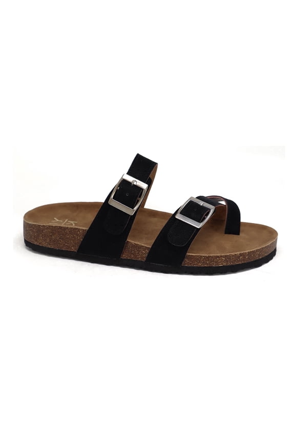 Women’s Cork Footbed Sandals – Double Buckle Slip-On with Toe Loop, Comfortable Summer Slide Sandals for Walking & Casual Wear
