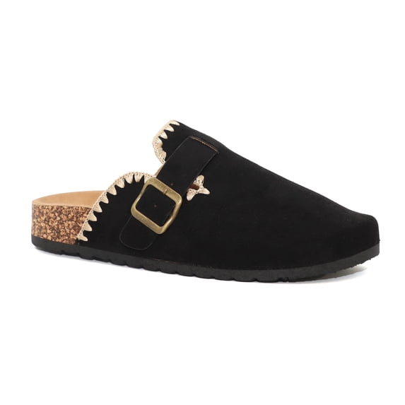Women's Faux Suede Clog Mules – Whipstitch Buckle Slip-On Clogs