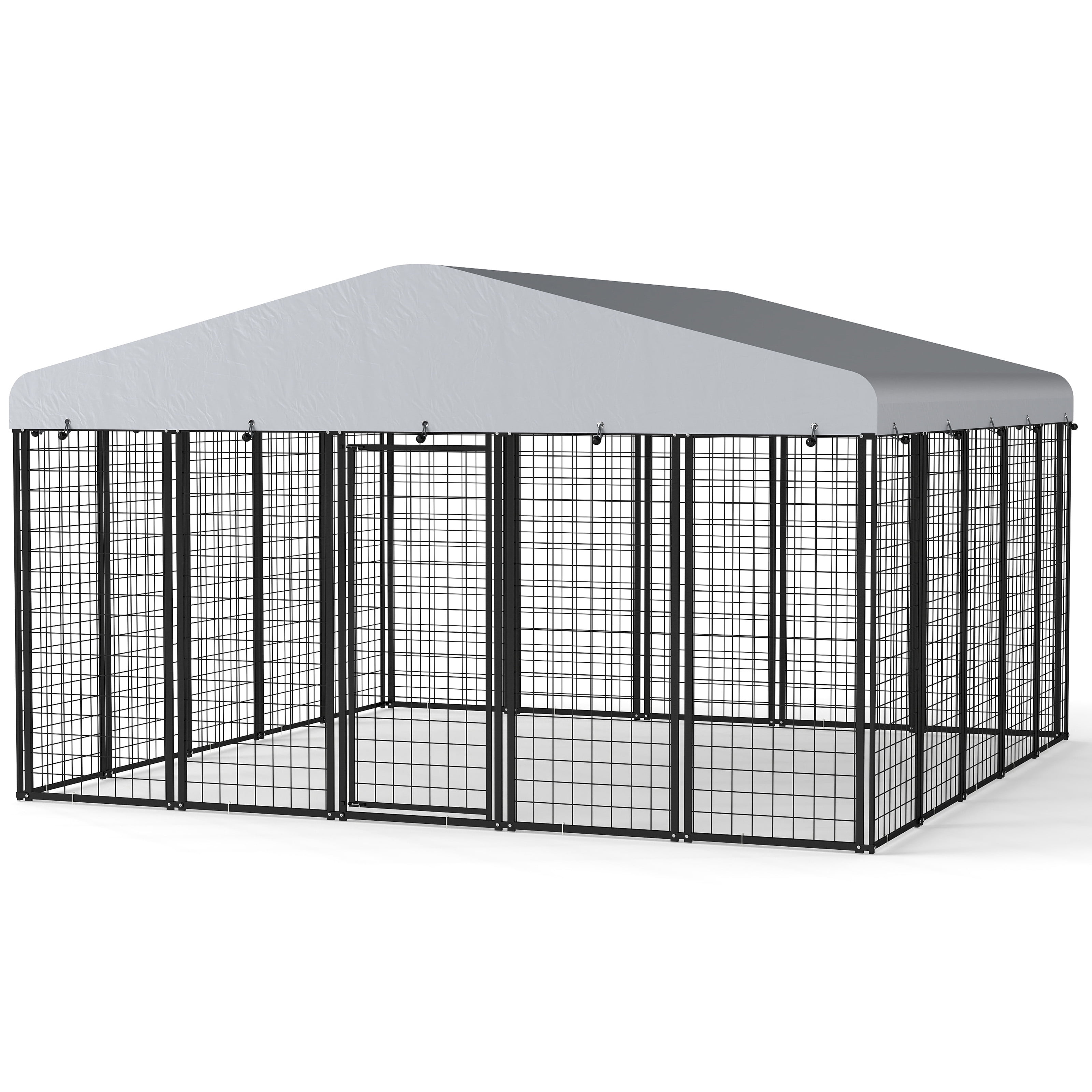YOKWOK 10.4x10.2 ft Outdoor Dog Kennel with Anti-Rust Galvanized Welded Wire Steel, Heavy Duty Dog Enclosure with Waterproof Roof Cover and Secure Lock for Outside Use