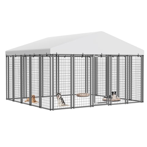 YOKWOK 10.4x10.2 ft Outdoor Dog Kennel with Anti-Rust Galvanized Welded Wire Steel, Heavy Duty Dog Enclosure with Waterproof Roof Cover and Secure Lock for Outside Use