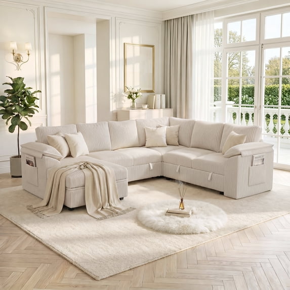 YOKWOK 107.8 Inch Convertible Sectional Sofa for Living Room, Large L-Shaped 7 Seat Plush Ribbed Fabric Sofa with Pull Out Couch Bed, 3-In-1 Sleeper Sofa Bed with Hidden Storage Space, Beige
