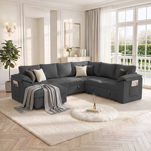 YOKWOK 107.8 Inch Convertible Sectional Sofa for Living Room, Large L-Shaped 7 Seat Plush Ribbed Fabric Sofa with Pull Out Couch Bed, 3-In-1 Sleeper Sofa Bed with Hidden Storage Space, Dark Grey