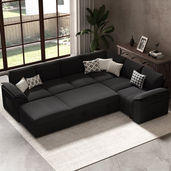 YOKWOK 107.8"L Convertible Sectional Sofa for Living Room, Large L-Shaped 7 Seat Plush Ribbed Fabric Sofa with Pull Out Couch Bed, 3-In-1 Sleeper Sofa Bed with Hidden Storage Space, Black