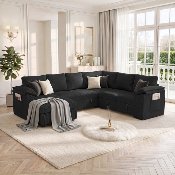 YOKWOK 107.8 Inch L Convertible Sectional Sofa for Living Room, Large L-Shaped 7 Seat Plush Ribbed Fabric Sofa with Pull Out Couch Bed, 3-In-1 Sleeper Sofa Bed with Hidden Storage Space, Black