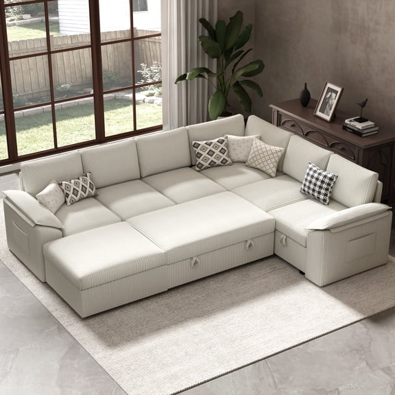 YOKWOK 107.8"L Convertible Sectional Sofa for Living Room, Large L-Shaped 7 Seat Plush Ribbed Fabric Sofa with Pull Out Couch Bed, 3-In-1 Sleeper Sofa Bed with Hidden Storage Space, Beige