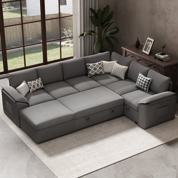 YOKWOK 107.8"L Convertible Sectional Sofa for Living Room, Large L-Shaped 7 Seat Plush Ribbed Fabric Sofa with Pull Out Couch Bed, 3-In-1 Sleeper Sofa Bed with Hidden Storage Space, Dark Grey