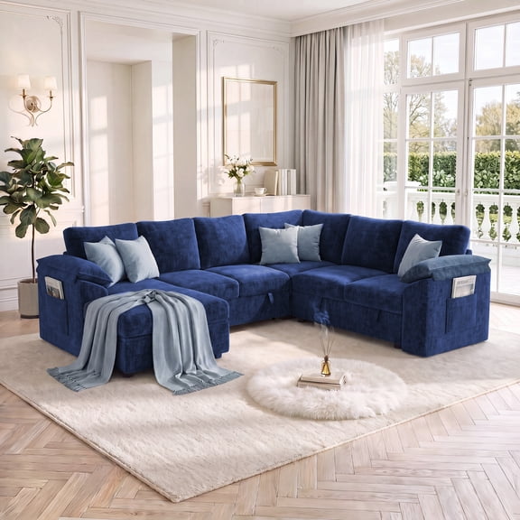 YOKWOK 107.8" L‑Shaped 7 Seat Sectional Sofa with Pull Out Sleeper Bed, Corduroy Upholstered Sofa with Hidden Storage Chaise, Sectional Couch for Living Room, Blue