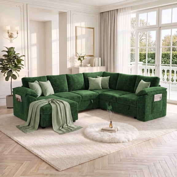 YOKWOK 107.8" L‑Shaped 7 Seat Sectional Sofa with Pull Out Sleeper Bed, Corduroy Upholstered Sofa with Hidden Storage Chaise, Sectional Couch for Living Room, Green
