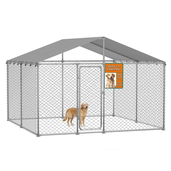 YOKWOK 10 ft x 10 ft outdoor dog kennel with galvanized steel fence and UV waterproof roof cover