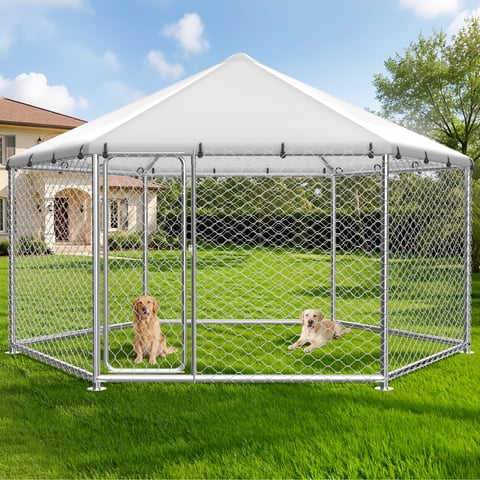 YOKWOK 12.5x12.5ft Large Outdoor Dog Kennel, Heavy Duty Dog Kennel with Anti-Rust Wire, Waterproof Roof Cover, Security Lock & Metal Gate for Large Dogs, Backyard, Farm, Outside Use