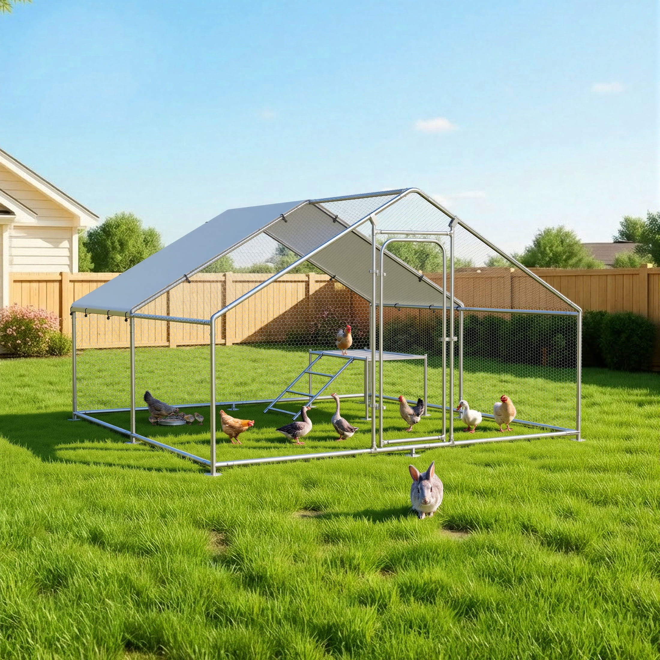 YOKWOK 13.2'Lx10'W Large Metal Chicken Coop for 8-12 Chickens, Walk-in Poultry Cage with Waterproof Cover & Chicken Perch, Heavy Duty Chicken Run for Outdoor Backyard Farm Use, Spire Roof