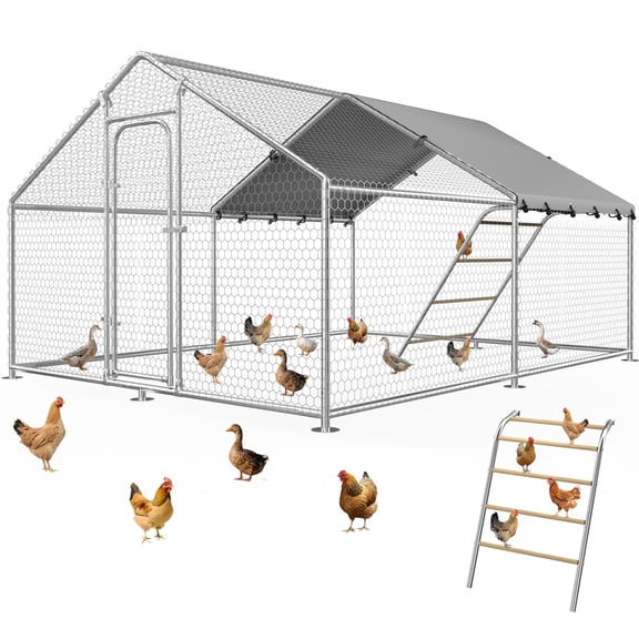 YOKWOK 13.2x10 ft Large Metal Chicken Coop with Climbing Frame, Heavy Duty Walk in Chicken Coop Poultry Cage, Outdoor Chicken Coop with Waterproof Anti-UV Cover for Yard or Farm, Spire Roof