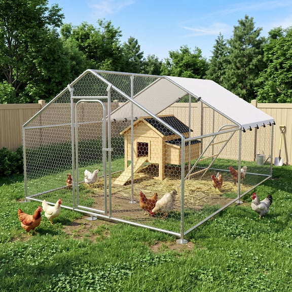 YOKWOK 13.2x10 ft Large Metal Chicken Coop with Climbing Frame, Heavy Duty Walk in Chicken Coop Poultry Cage, Outdoor Chicken Coop with Waterproof Anti-UV Cover for Yard or Farm, Spire Roof