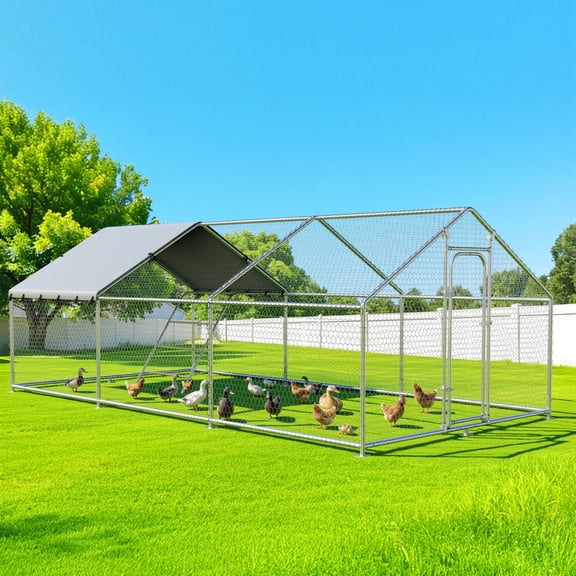 YOKWOK 14.8'Lx10'W Large Metal Chicken Coop with Climbing Frame, Outdoor Walk-in Poultry Cage Heavy Duty Chicken Runs Hen House with Waterproof Anti-UV Cover for Yard and Outdoor Farm, Spire Roof